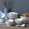 Ceramic Dinnerware Set with Striped Bowls Black Rim and Spoons for Family Dining
