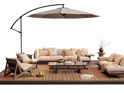 Outdoor Sofa Set On Wooden Deck With Umbrella Coffee Table And Plush Cushions 3d model