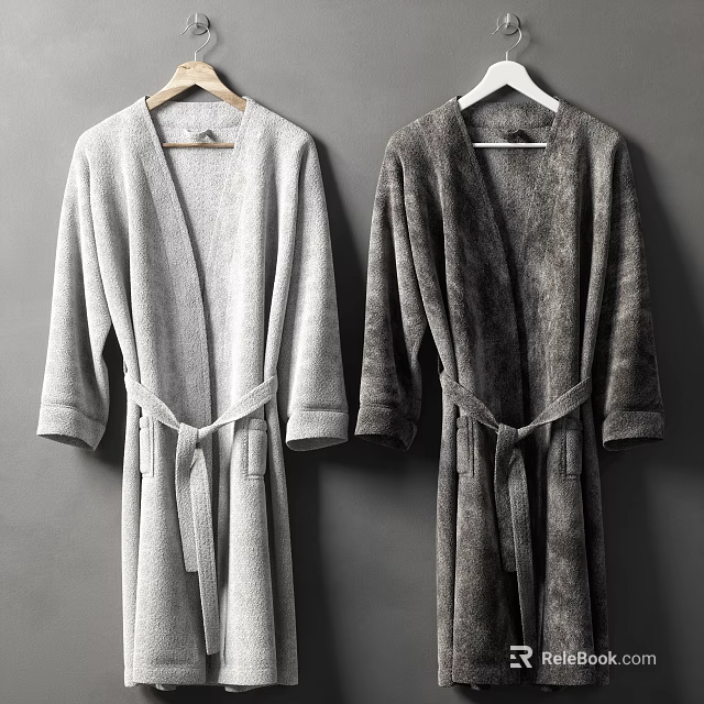 Light And Dark Gray Belted Robes With Long Sleeves Soft Fabric Hanging On Gray Wall 3d model 