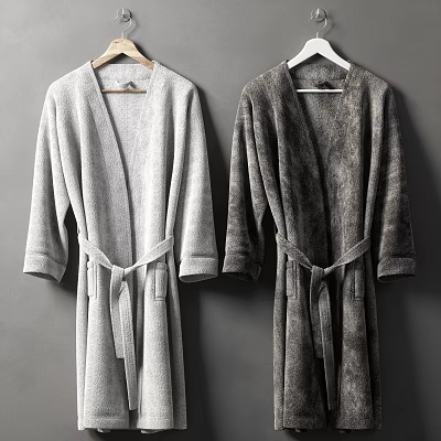 Light And Dark Gray Belted Robes With Long Sleeves Soft Fabric Hanging On Gray Wall 3d model