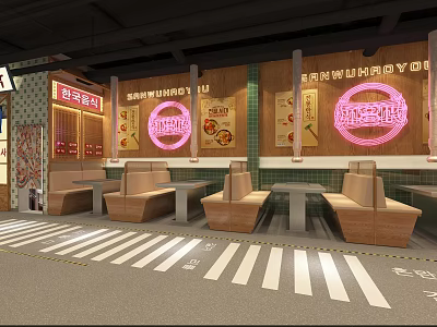 Chinese Restaurant Interior Design With Wooden Booths Neon Signs And Dining Tables 3d model