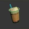 Layered Orange Bubble Tea With Tapioca Pearls Cream Top And Blue Straw