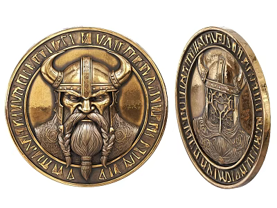 Viking Themed Brass Decorative Ornament Set With Warrior Head And Tree Design 3d model