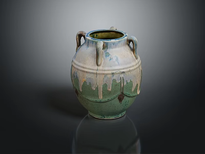 Handcrafted Ceramic Vase With Dripping Green Glaze And Three Textured Handles 3d model