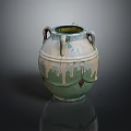 Handcrafted Ceramic Vase With Dripping Green Glaze And Three Textured Handles