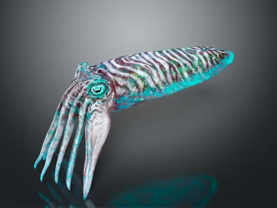 Colorful Striped Squid With Turquoise Tentacles And Purple Patterns On Dark Surface 3d model