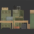 Vintage Retro Collection With Green Storage Cabinets Wooden Tables and Old Devices