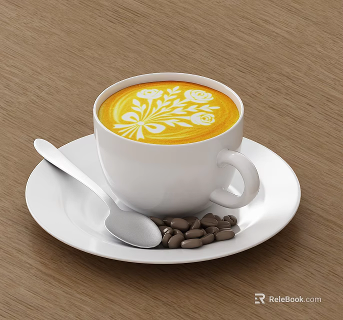 White Ceramic Coffee Cup And Saucer With Silver Spoon And Beans 3d model 