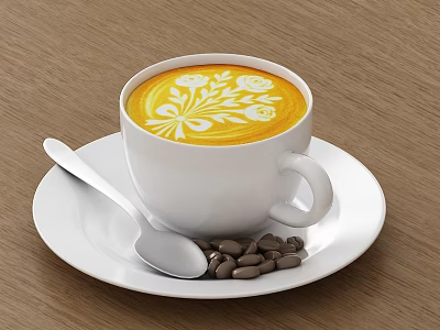 White Ceramic Coffee Cup And Saucer With Silver Spoon And Beans 3d model