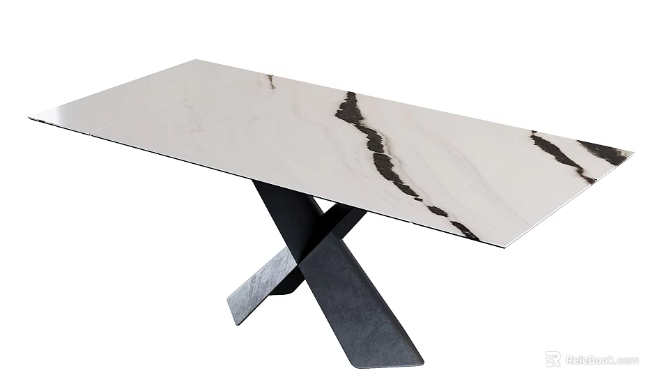 Modern Dining Table With White Marble Top And Crossed Black Metal Legs 3d model 