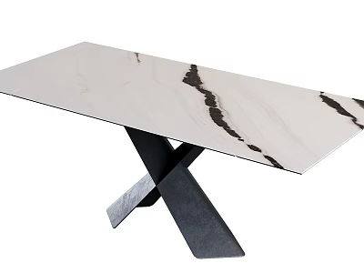 Modern Dining Table With White Marble Top And Crossed Black Metal Legs 3d model