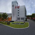 Modern White Office Building With Flags Landscaped Garden And Circular Driveway