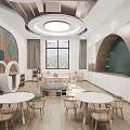 Bright Colorful Kindergarten Interior With Reception Desk Bookshelves And Decorative Lights