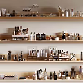 Perfumes And Cosmetics Displayed On Multiple Shelves With Various Bottles Jars Brushes