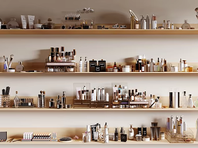 Perfumes And Cosmetics Displayed On Multiple Shelves With Various Bottles Jars Brushes 3d model