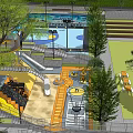 Vibrant Commercial Street Leisure Area With Basketball Court Playground And Green Trees