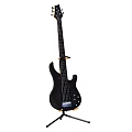 Black Electric Bass Guitar On Tripod Stand For Professional Musicians