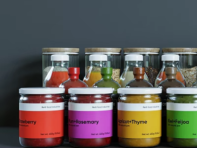 Colorful Labeled Spice Jars With Various Herbs And Spices For Kitchen Storage 3d model