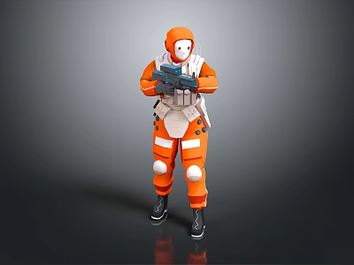 Orange Protective Suit Character With Creature Holding Handheld Equipment In Scene 3d model