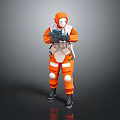 Orange Protective Suit Character With Creature Holding Handheld Equipment In Scene