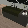 Modern Black Bathroom Vanity With Double Faucet Toiletries Small Plant And Round Mirror