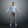 Man Dressed in Light Blue Plaid Shirt Gray Pants White Shoes Arms Outstretched on Gray Background