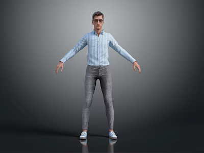 Man Dressed in Light Blue Plaid Shirt Gray Pants White Shoes Arms Outstretched on Gray Background 3d model