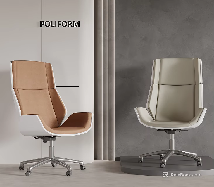 POLIFORM Modern Office Chairs Brown And Beige Leather With Metal Base And Wheels 3d model 