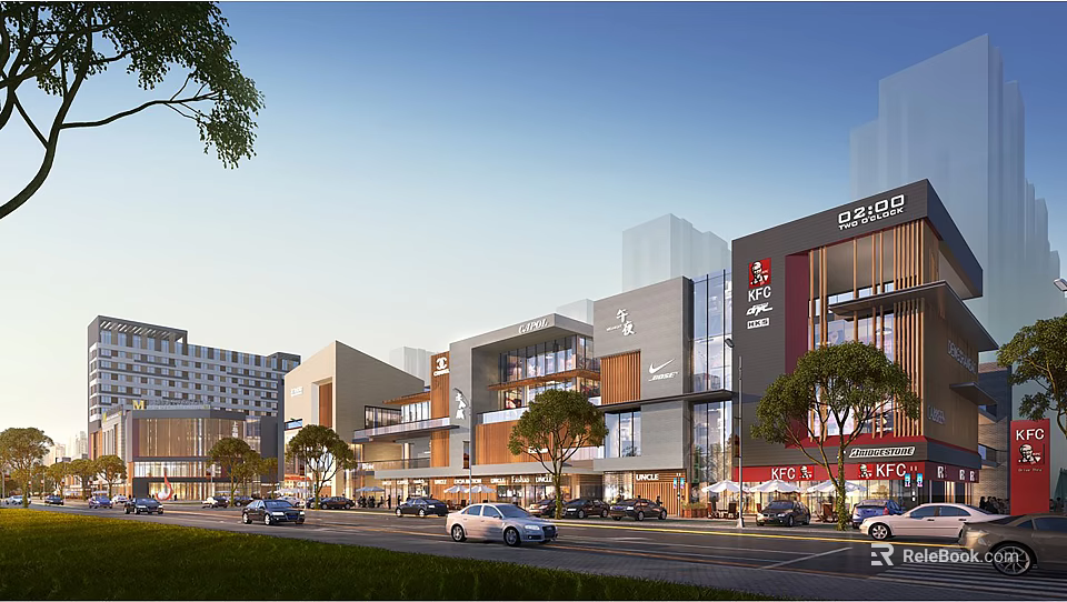 Modern Commercial Street With Modern Buildings Storefronts Shops Trees And Cars 3d model 