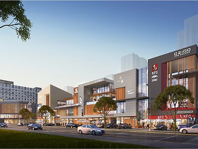 Modern Commercial Street With Modern Buildings Storefronts Shops Trees And Cars 3d model