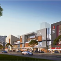 Modern Commercial Street With Modern Buildings Storefronts Shops Trees And Cars
