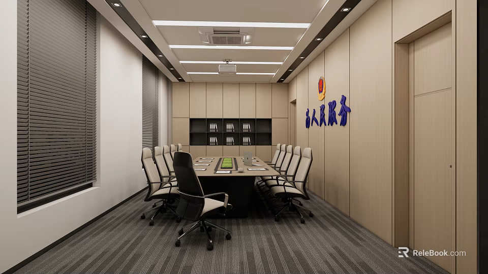Modern Meeting Room With Long Table Chairs Bookshelves Blinds And Ceiling Lighting 3d model 