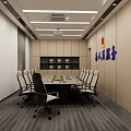 Modern Meeting Room With Long Table Chairs Bookshelves Blinds And Ceiling Lighting