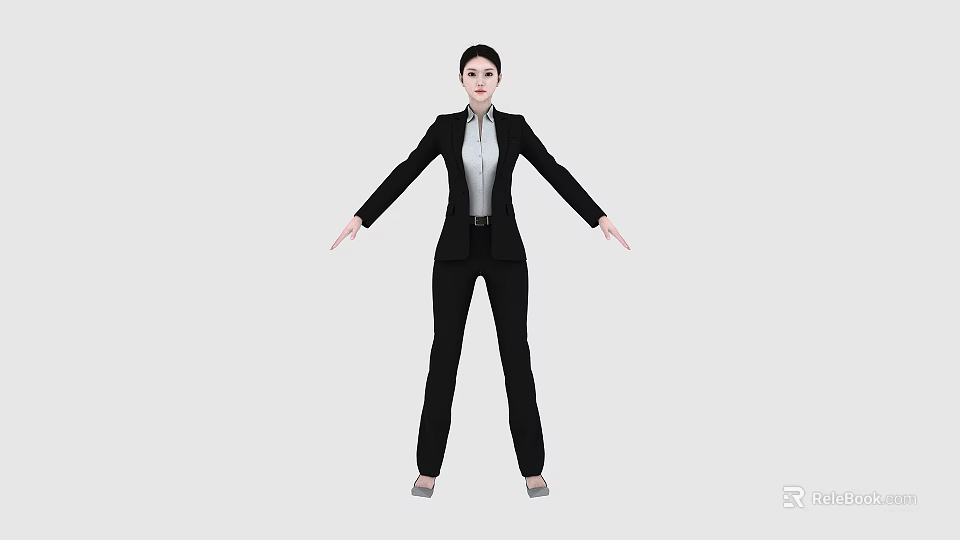 Business Woman In Black Suit And White Shirt Standing With Arms Outstretched On Gray Background 3d model 