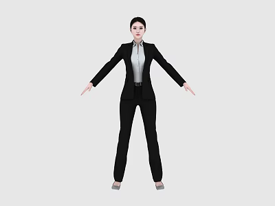 Business Woman In Black Suit And White Shirt Standing With Arms Outstretched On Gray Background 3d model