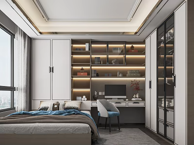 Modern Tatami Bedroom Interior With Storage Bed Desk And Window Lighting 3d model