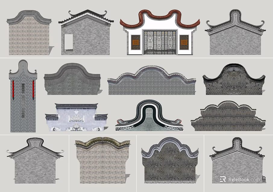Traditional Chinese Building Exteriors Featuring Various Roof Styles and Tile Patterns 3d model 