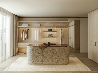 Luxurious Modern Walk in Closet Interior With Hanging Clothes Shelf Bags And Decorative Round Counter 3d model