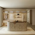 Luxurious Modern Walk in Closet Interior With Hanging Clothes Shelf Bags And Decorative Round Counter