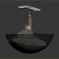 Cartoon Scene With Small Island Red Roof Lighthouse Water Surface Clouds And Flying Birds