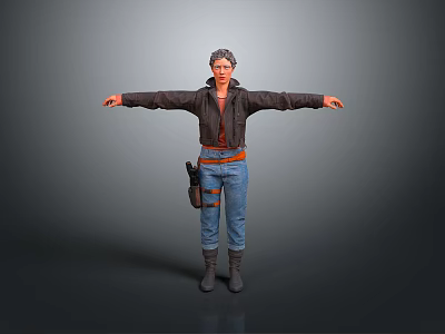 Woman In Black Jacket Blue Jeans With Brown Belt Tool Bag Arms Outstretched On Gray Background 3d model