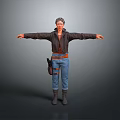 Woman In Black Jacket Blue Jeans With Brown Belt Tool Bag Arms Outstretched On Gray Background
