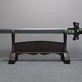 Traditional Sword With Black Blade Green And Gold Hilt On Wooden Stand With Carved Characters