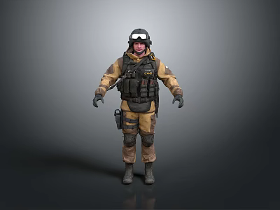Tactical Game Movie Character In Yellow Black Uniform With Helmet Goggles And Tactical Vest 3d model