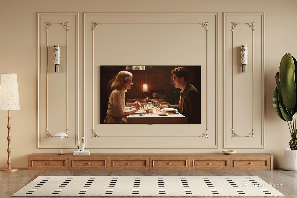Elegant Beige TV Wall with Decorative Molding Wooden Stand and Wall Sconces 3d model 