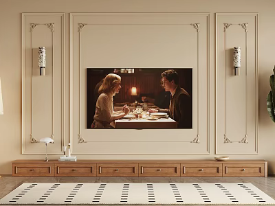 Elegant Beige TV Wall with Decorative Molding Wooden Stand and Wall Sconces 3d model