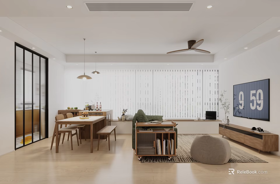 Modern Living Dining Area With Wooden Table Sofa Pendant Lights Ceiling Fan Blinds And TV 3d model 