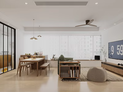 Modern Living Dining Area With Wooden Table Sofa Pendant Lights Ceiling Fan Blinds And TV 3d model