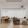 Modern Living Dining Area With Wooden Table Sofa Pendant Lights Ceiling Fan Blinds And TV