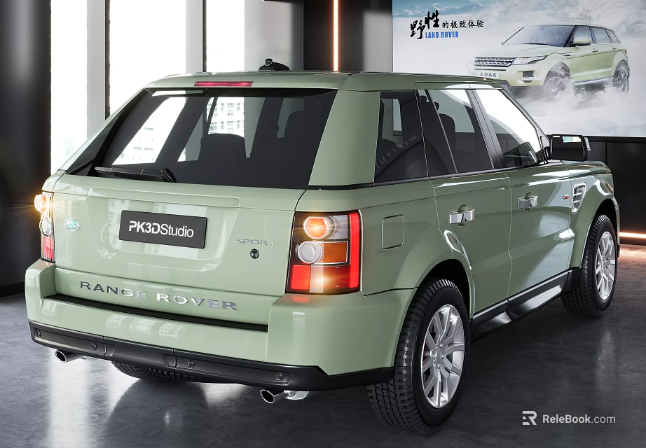Light Green Range Rover SUV Rear View In Modern Indoor Showroom With Billboard 3d model 